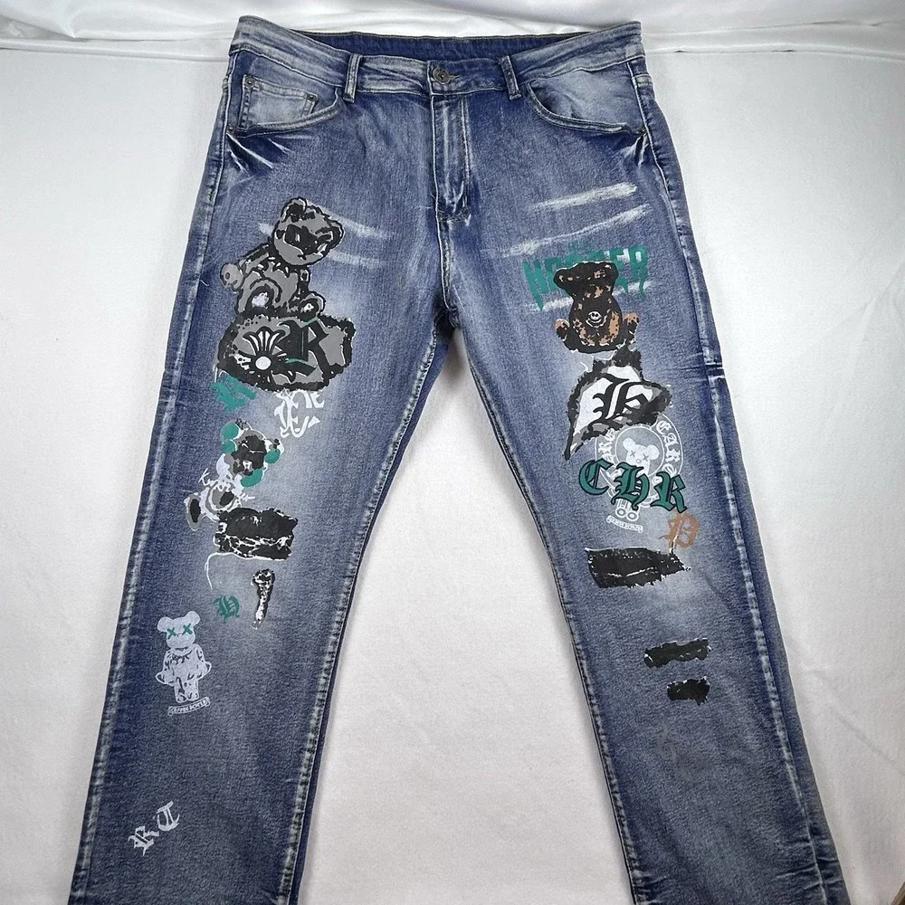 Men's Baggy Graphic Jeans 36 Teddy Bear Graffiti‎ Y2K Streetwear Wide Leg Skater
